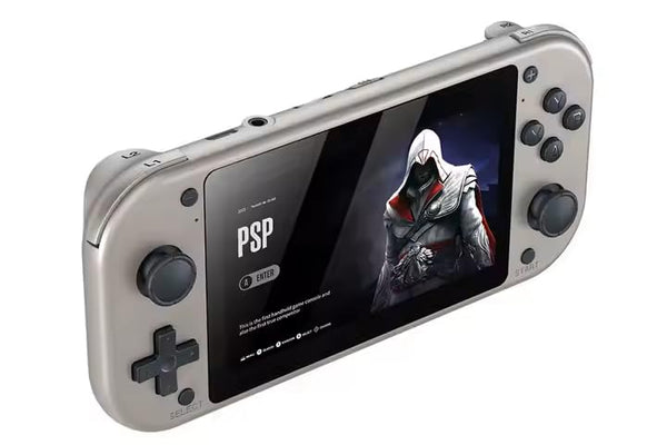 Old Arcade 4.3-inch retro handheld game console in silver gray with dual analog sticks and IPS screen
