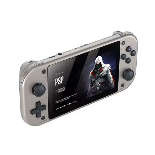 Old Arcade 4.3-inch retro handheld game console in silver gray with dual analog sticks and IPS screen