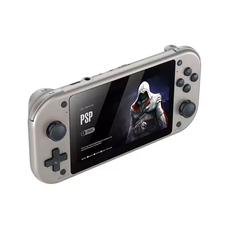 Old Arcade 4.3-inch retro handheld game console in silver gray with dual analog sticks and IPS screen