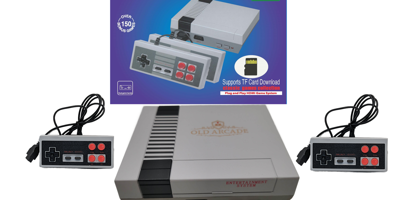 Old Arcade Classic Console with 771 built-in retro games, shown with its box and two controllers