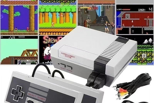 Old Arcade Mini Classic retro game console with two wired controllers and AV cable