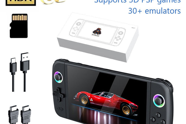 Old Arcade M27 retro handheld game console with large HD screen, shown with box, TF card and cables
