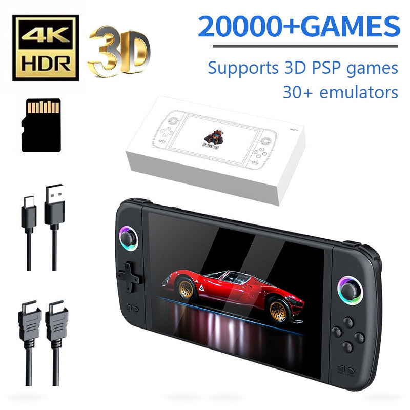 Old Arcade M27 retro handheld game console with large HD screen, shown with box, TF card and cables