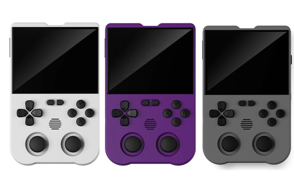 Old Arcade XU10 3.5-inch Linux handheld console in purple, white and grey, shown side by side