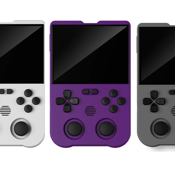 Old Arcade XU10 3.5-inch Linux handheld console in purple, white and grey, shown side by side