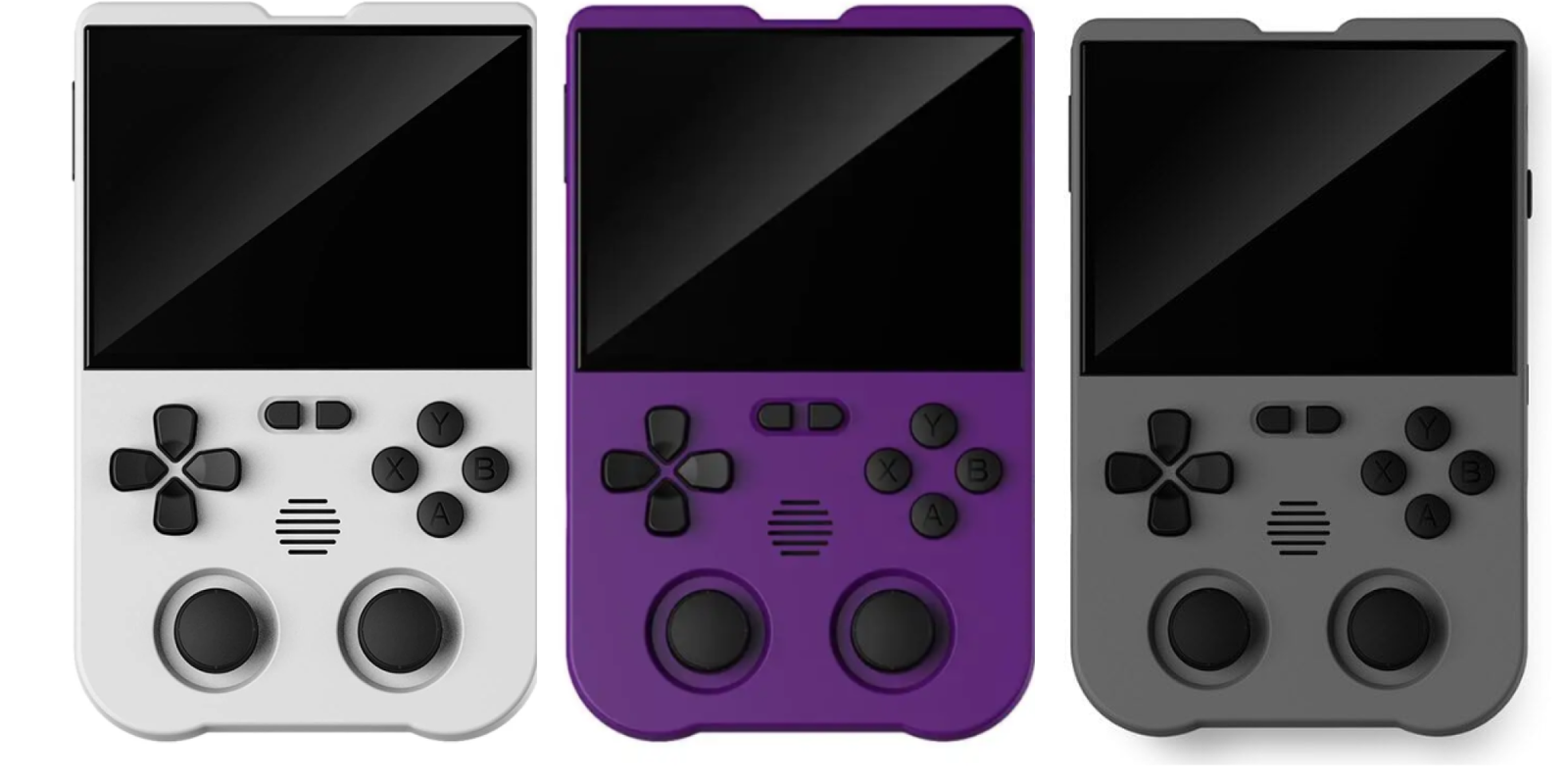 Old Arcade XU10 3.5-inch Linux handheld console in purple, white and grey, shown side by side